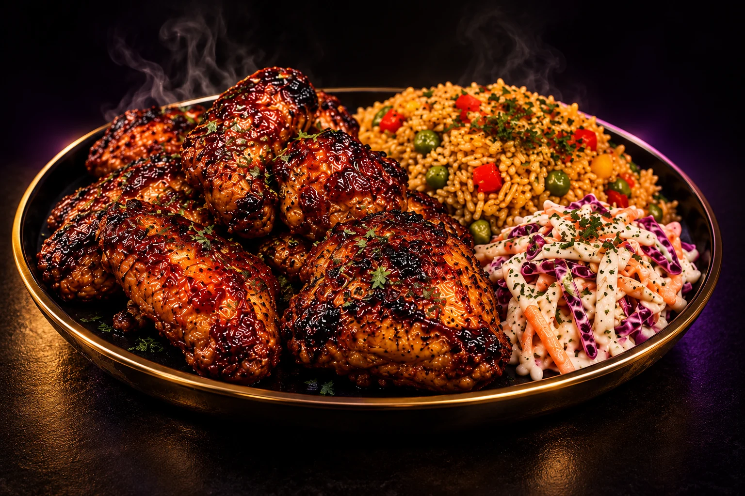 Illustrative smoked chicken with vegetable rice and slaw